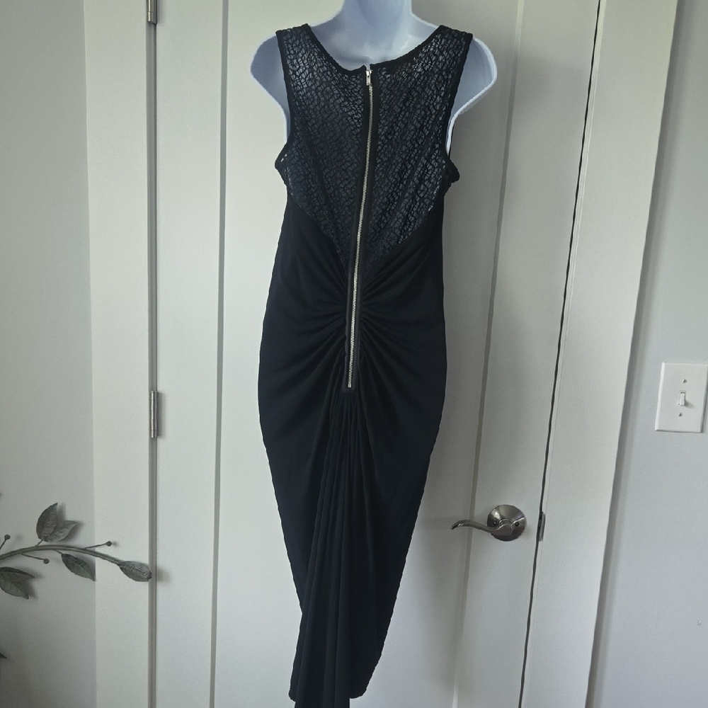 NEW Maggy London Black Sheath Midi Dress with Stunning Lace & Zipper Down Back